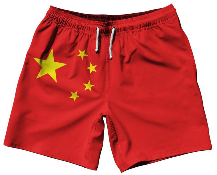 ADULT MEDIUM- China Country Flag 7.5" Swim Shorts Made in USA - Red White Blue- Final Sale SM2
