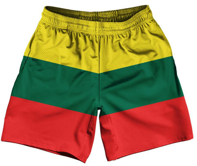 ADULT LARGE-Lithuania Country Flag Athletic Running Fitness Exercise Shorts 7" Inseam Made In USA - Green Red Yellow- Final Sale SL21