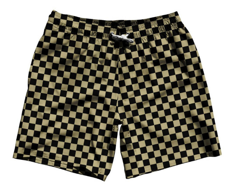 ADULT 4X-LARGE-Vegas Gold & Black Checkerboard Swim Shorts 7.5" Made in USA - Vegas Gold & Black- Final Sale ZT44