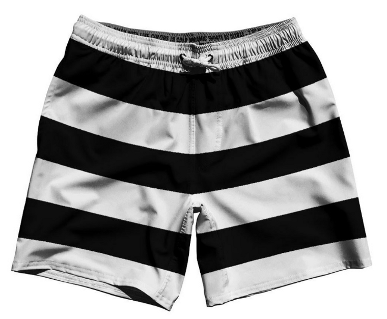 ADULT MEDIUM-Black & White Horizontal Stripe 7" Swim Shorts Made in USA - Black & White- Final Sale ZT44