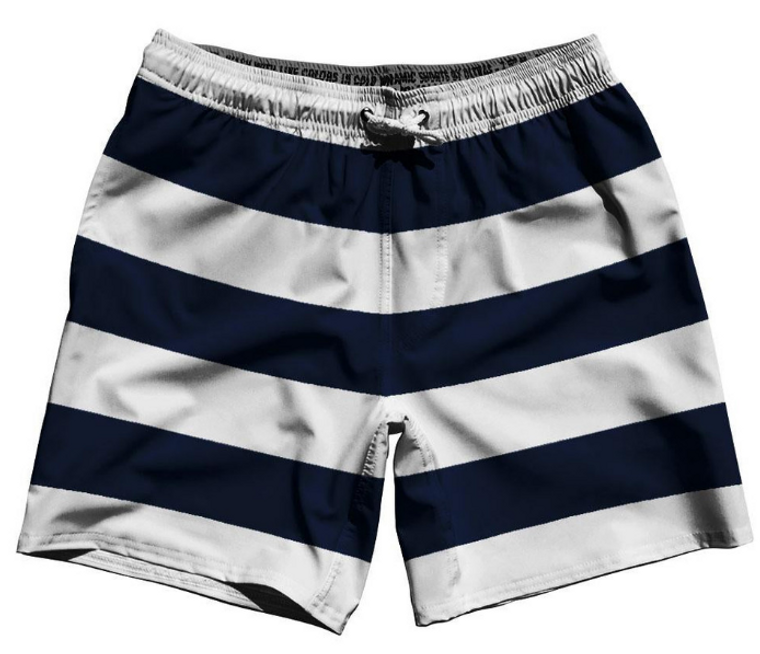 ADULT MEDIUM- Navy & White Horizontal Stripe 7" Swim Shorts Made in USA - Navy & White- Final Sale ZT44