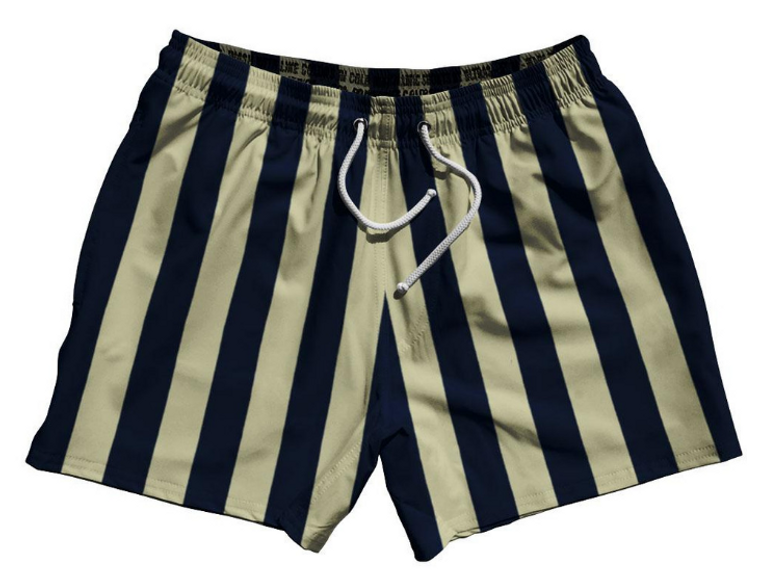 ADULT MEDIUM-Navy Blue & Vegas Gold Vertical Stripe 5" Swim Shorts Made in USA - Navy Blue & Vegas Gold- Final Sale SM1