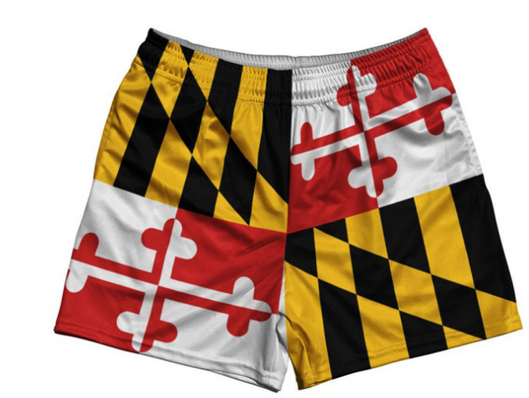 ADULT SMALL- Maryland State Flag Rugby Gym Short 5 Inch Inseam With Pockets Made In USA - White Red- Final Sale ZT44