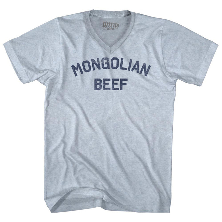 Mongolian Beef Adult Tri-Blend V-neck T-shirt - Athletic White