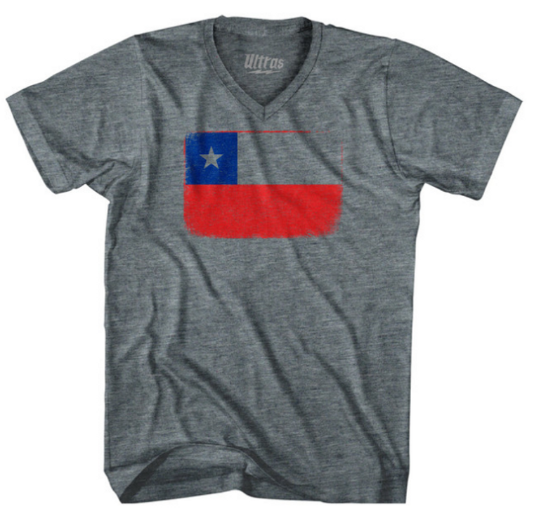 ADULT LARGE-Chile Country Flag Adult Tri-Blend V-Neck T-Shirt - Athletic Grey- Final Sale Z33
