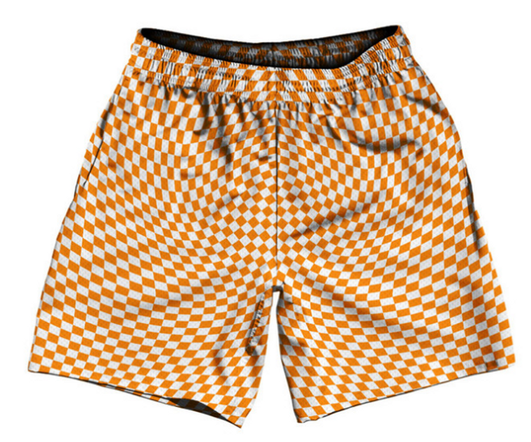 YOUTH LARGE-Warped Checkerboard Athletic Running Fitness Exercise Shorts 7" Inseam Shorts Made In USA - Orange Tennessee And White- Final Sale ZT44