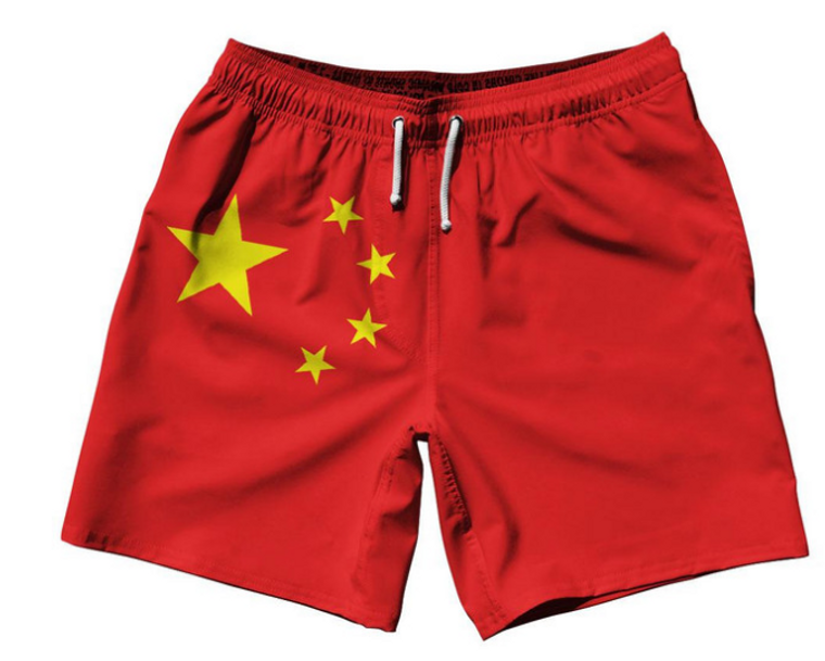 ADULT SMALL- China Country Flag 7.5" Swim Shorts Made in USA - Red White Blue- Final Sale ZT421