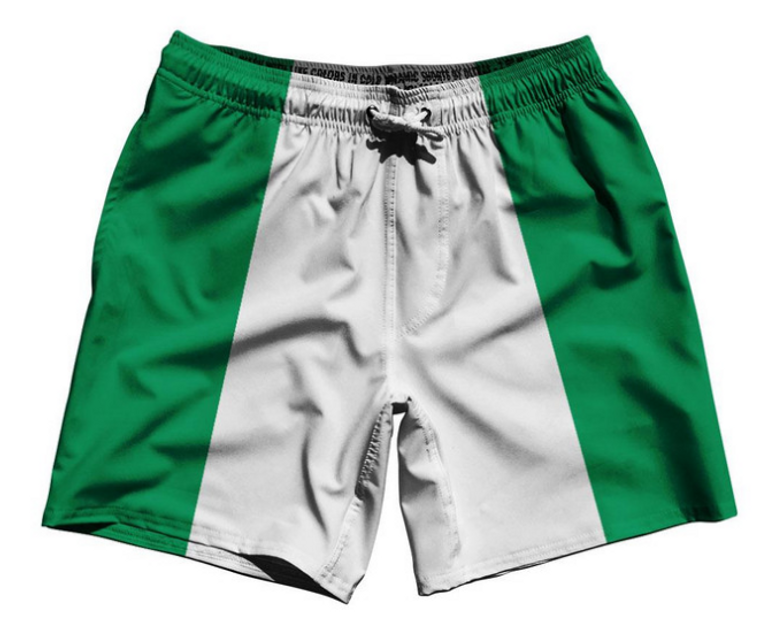 ADULT MEDIUM- Nigeria Country Flag 7.5" Swim Shorts Made in USA - Green White- Final Sale ZT421