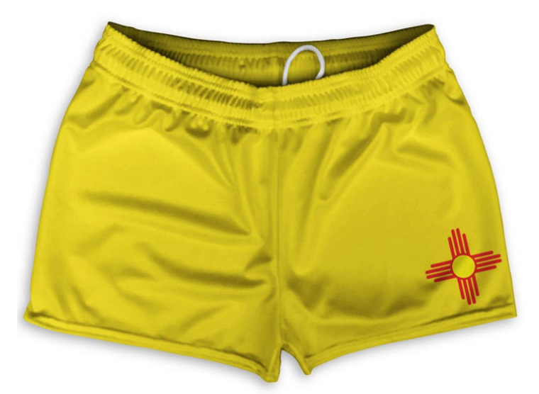 ADULT LARGE- New Mexico State Flag Shorty Short Gym Shorts 2.5" Inseam Made in USA - Yellow- Final Sale SL19