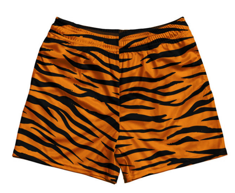 YOUTH X-LARGE-New Tiger Patten Rugby Gym Short 5 Inch Inseam With Pockets Made In USA - Orange Black- Final Sale F4