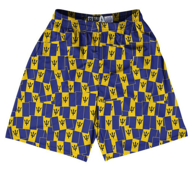 ADULT MEDIUM- Tribe Barbados Party Flags Lacrosse Shorts Made in USA - Blue Yellow- Final Sale ZT421