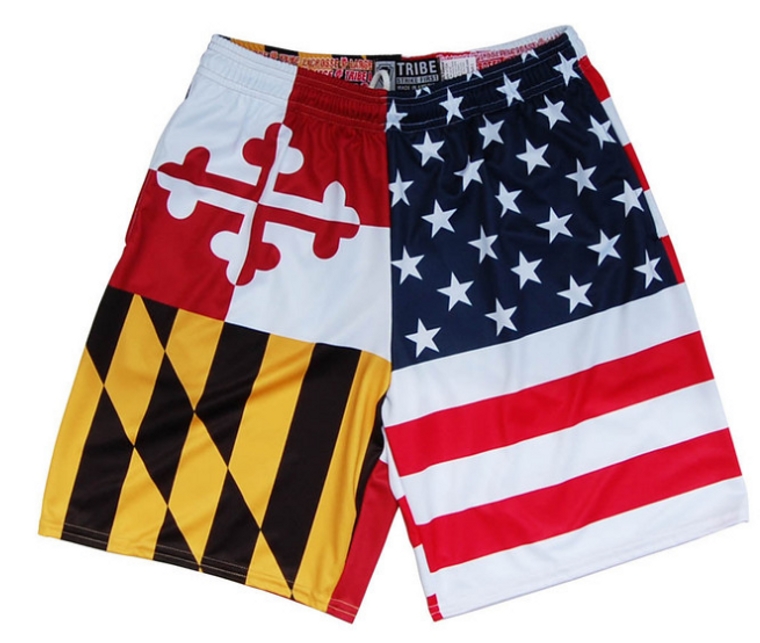 YOUTH MEDIUM- Maryland & American Flag Lacrosse Shorts Made in USA - White Yellow- Final Sale F5