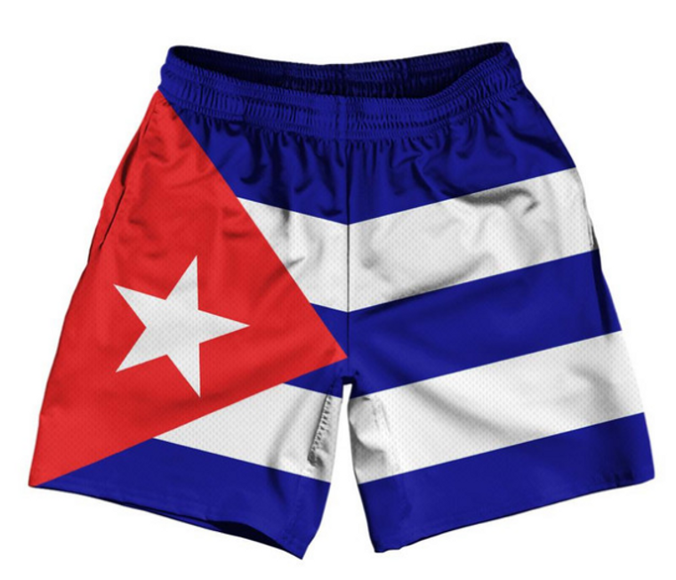 ADULT MEDIUM- Cuba Country Flag Athletic Running Fitness Exercise Shorts 7" Inseam Made In USA - White Blue- Final Sale ZT421