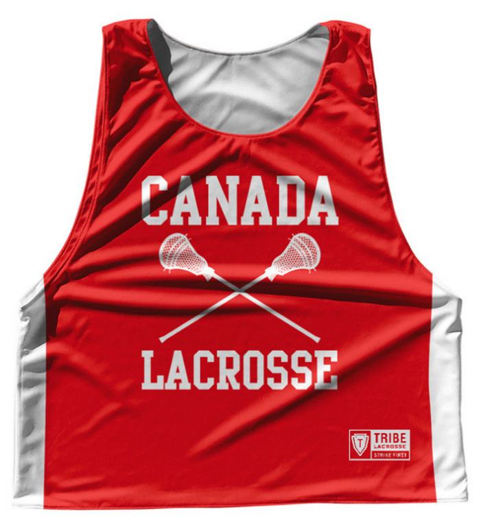 ADULT X-LARGE- Canada Country Nations Crossed Sticks Reversible Lacrosse Pinnie Made In USA - Red & White- Final Sale R1