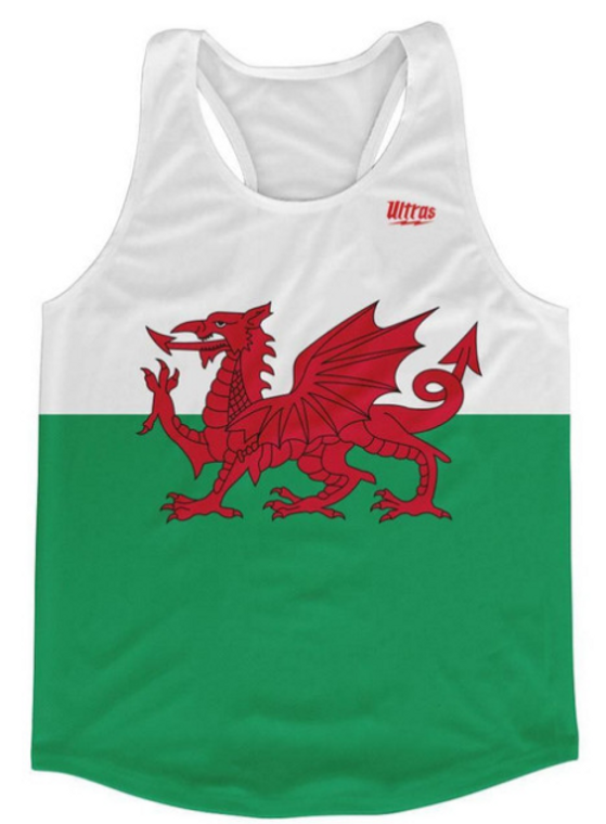 ADULT X-SMALL- Wales Country Flag Running Tank Top Racerback Track and Cross Country Singlet Jersey Made In USA - White Green- Final Sale T2