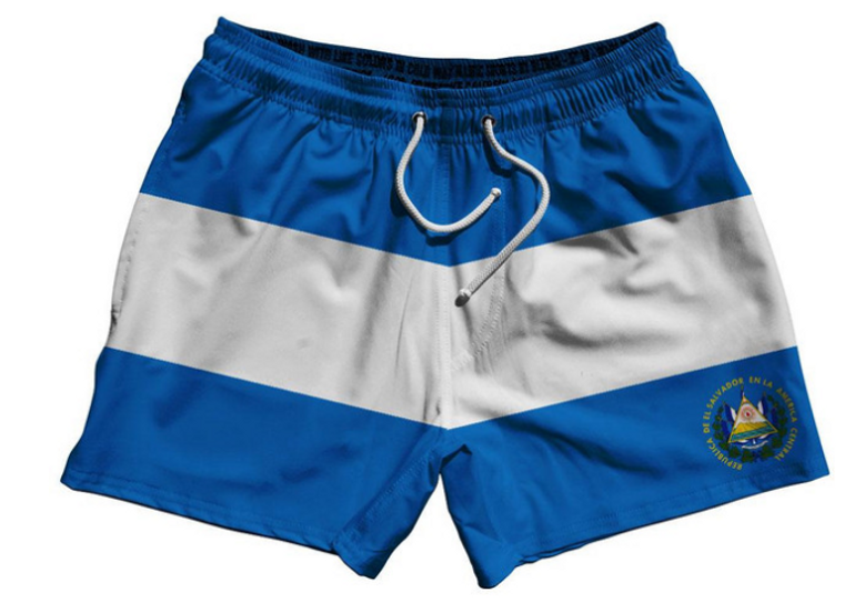 YOUTH X-SMALL- El Salvador Country Flag 5" Swim Shorts Made in USA - Blue White- Final Sale F4