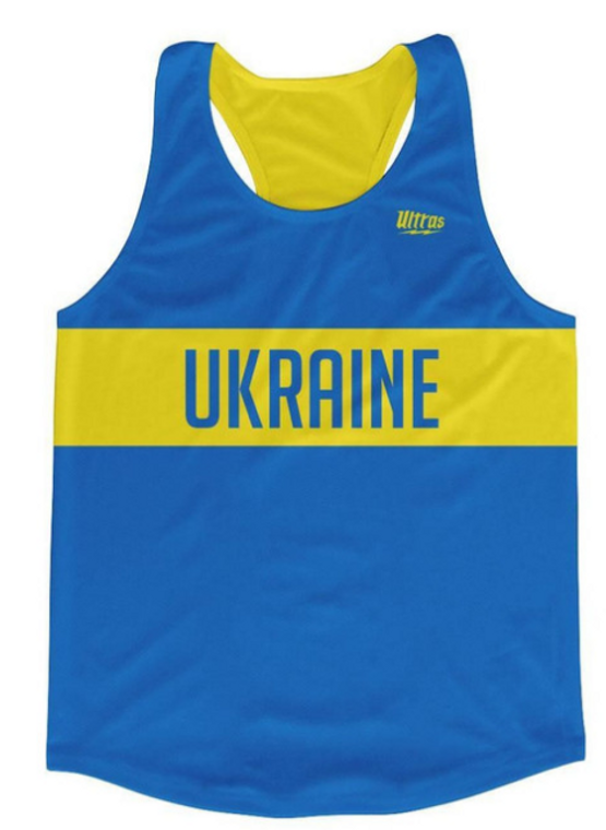 ADULT MEDIUM- Ukraine Country Finish Line Running Tank Top Racerback Track and Cross Country Singlet Jersey Made In USA - Blue Yellow- Final Sale T3