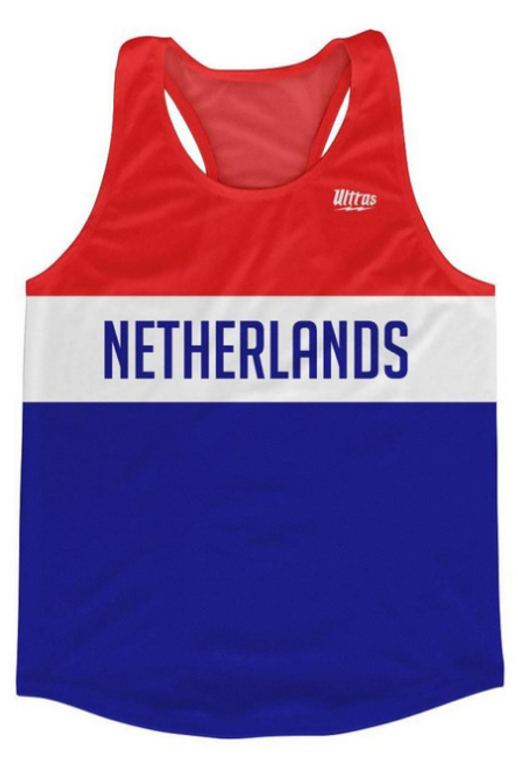 ADULT MEDIUM- Netherlands Country Finish Line Running Tank Top Racerback Track and Cross Country Singlet Jersey Made In USA - Red White Blue- Final Sale T3