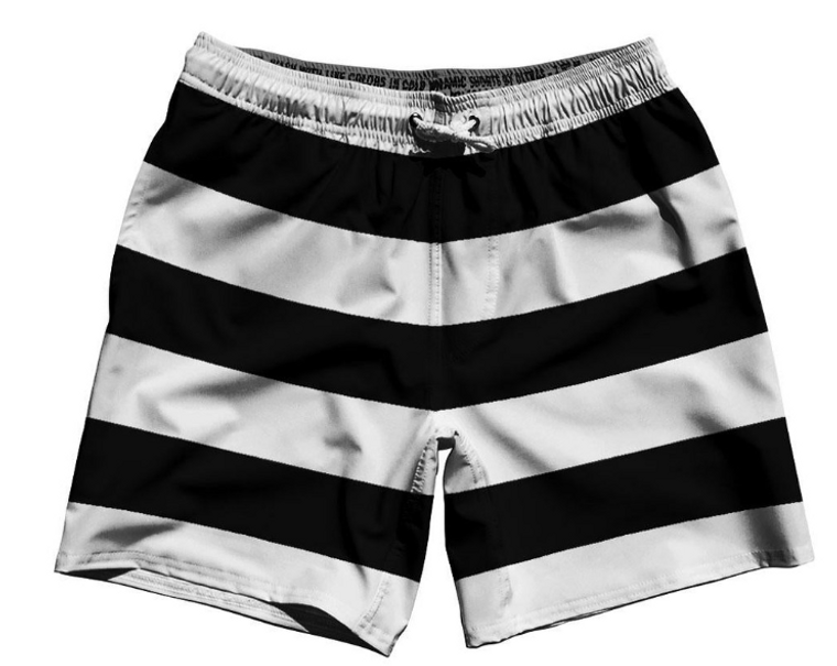 ADULT MEDIUM- Black & White Horizontal Stripe 7" Swim Shorts Made in USA - Black & White- Final Sale ZT321