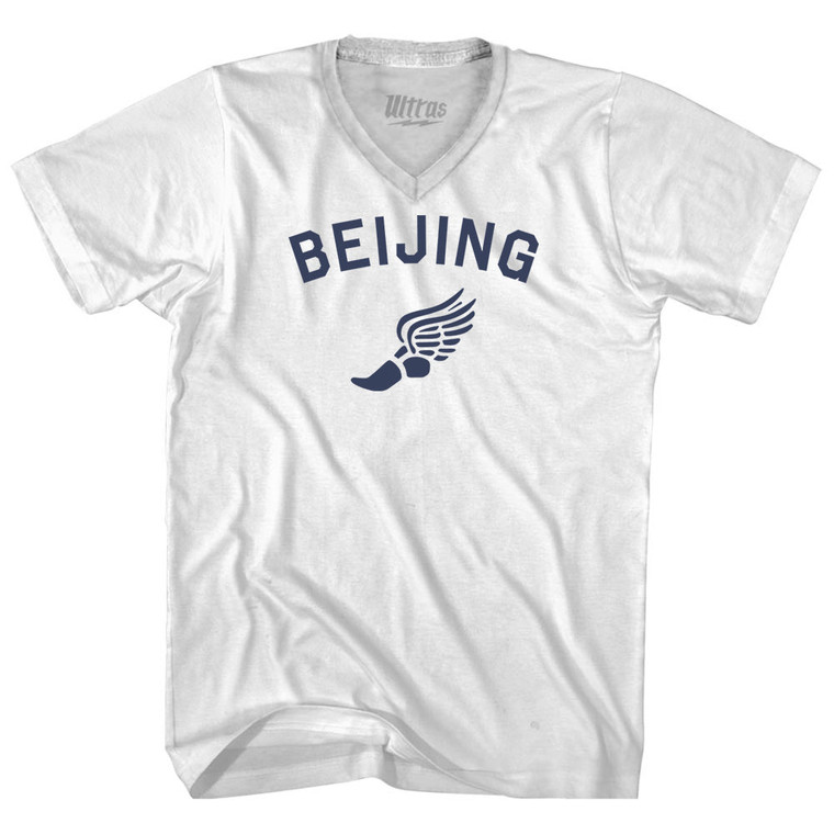 Beijing Running Track Winged Foot Adult Tri-Blend V-neck T-shirt - White