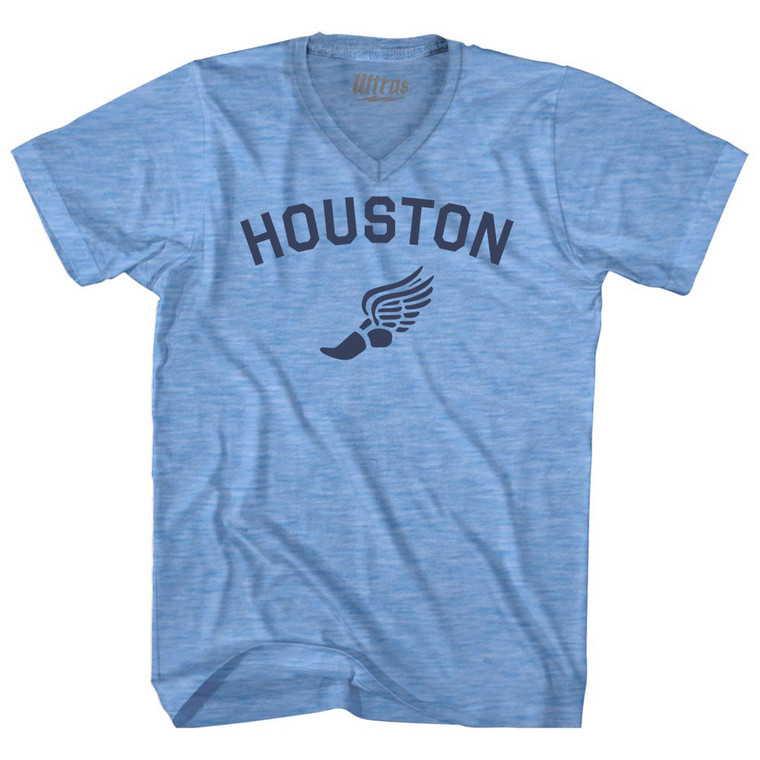 Houston Running Track Winged Foot Adult Tri-Blend V-neck T-shirt - Athletic Blue