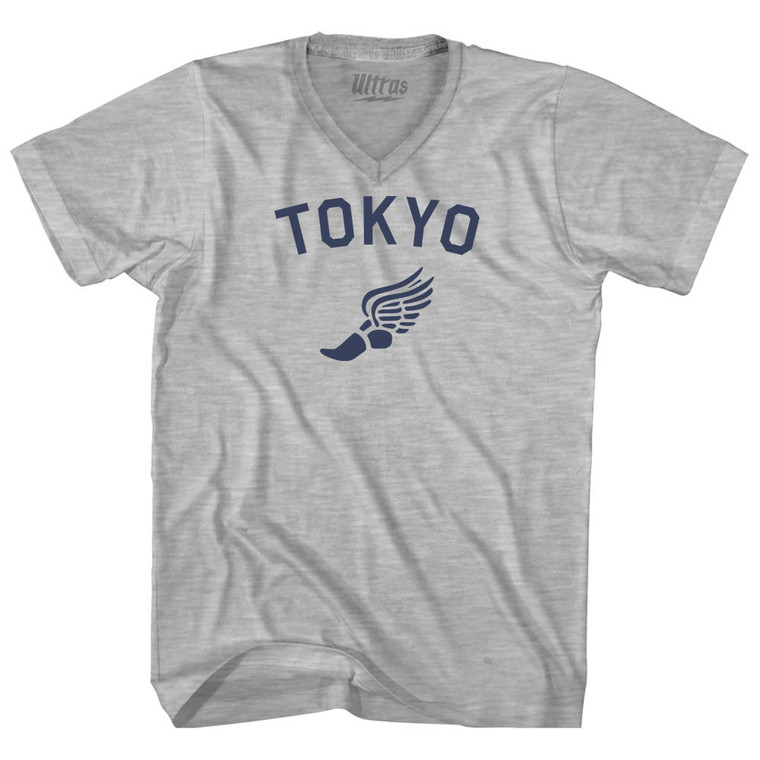 Tokyo Running Track Winged Foot Adult Cotton V-neck T-shirt - Grey Heather