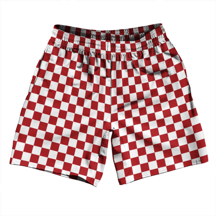 Checkerboard 1 Inch Red Dark and White Athletic Running Fitness Exercise Shorts 7" Inseam Shorts Made In USA