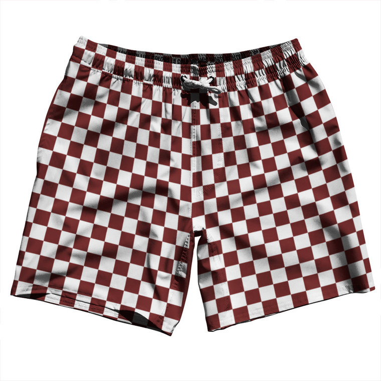 Checkerboard 1 Inch Red Maroon and White Swim Shorts 7" Made in USA