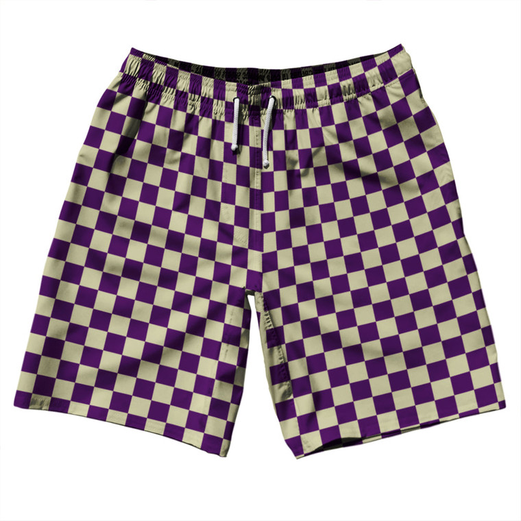 Checkerboard 1 Inch Purple Medium and Vegas Gold 10" Swim Shorts Made in USA