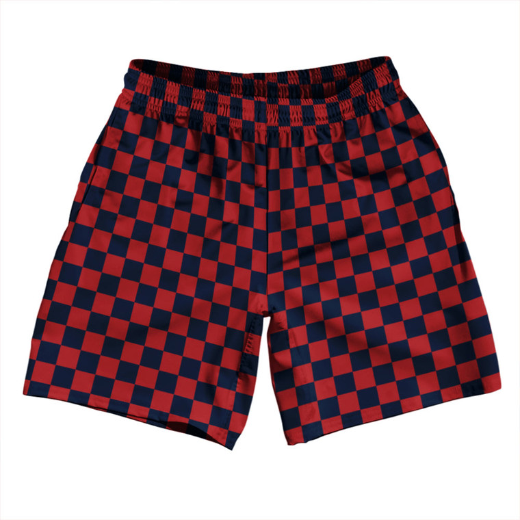 Checkerboard 1 Inch Blue Navy and Red Dark Athletic Running Fitness Exercise Shorts 7" Inseam Shorts Made In USA