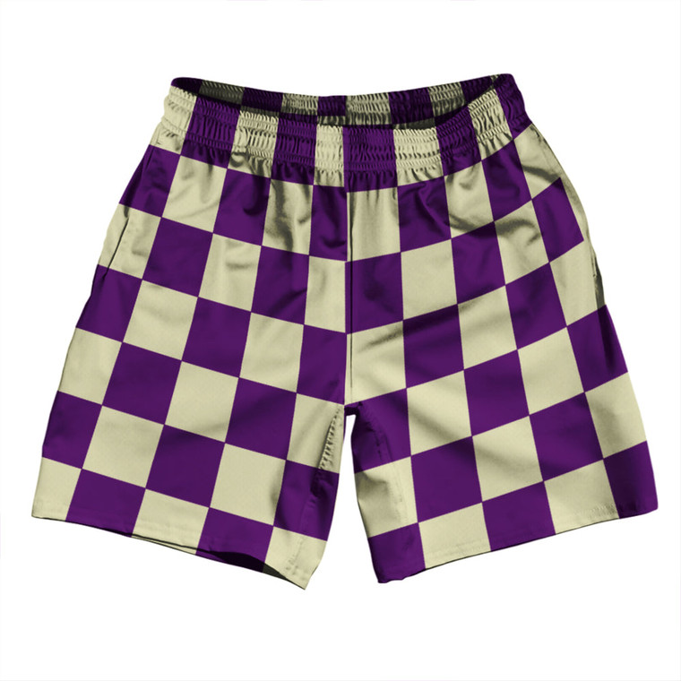Checkerboard 2.5 Inches Purple Medium and Vegas Gold Soccer Shorts Made In USA - Purple Medium and Vegas Gold