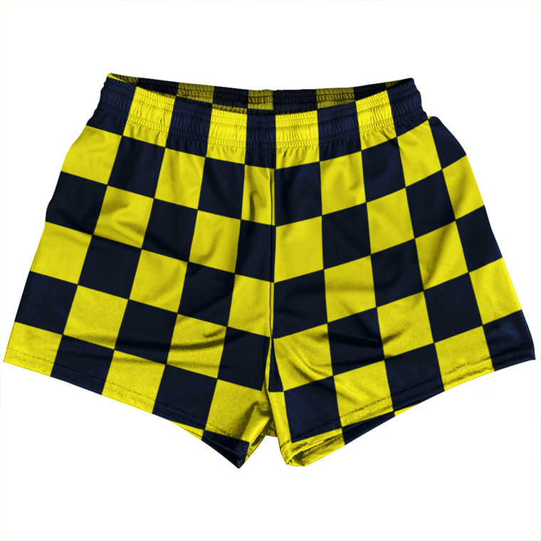 Checkerboard 2.5 Inches Blue Navy and Yellow Bright Womens & Girls Sport Shorts End Made In USA - Blue Navy and Yellow Bright