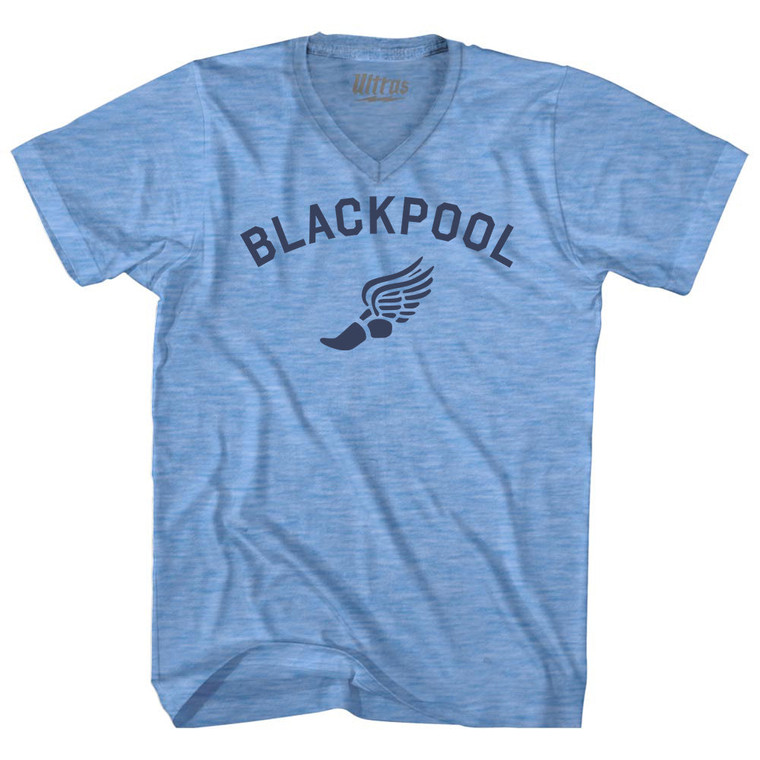 Blackpool Running Track Winged Foot-Adult Tri-Blend V-neck T-shirt - Athletic Blue