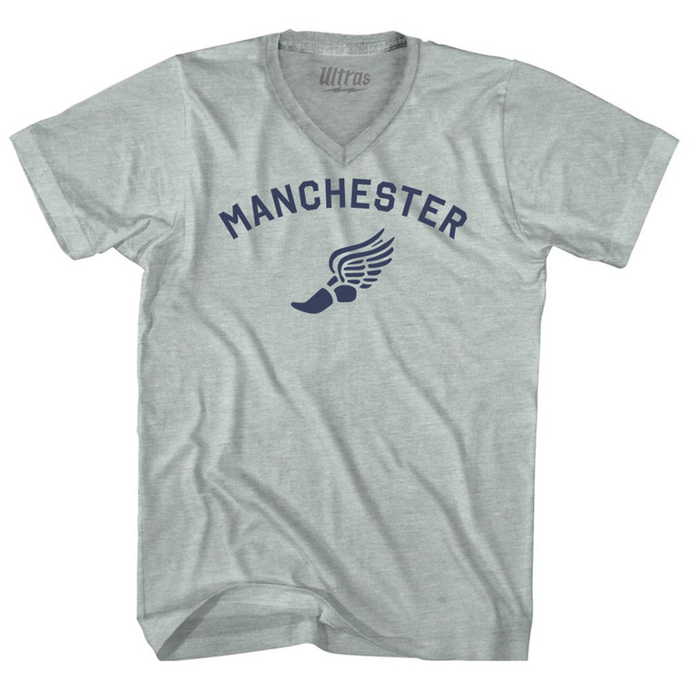 Manchester Running Track Winged Foot-Adult Tri-Blend V-neck T-shirt - Athletic Cool Grey