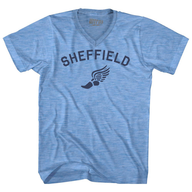 Sheffield Running Track Winged Foot-Adult Tri-Blend V-neck T-shirt - Athletic Blue