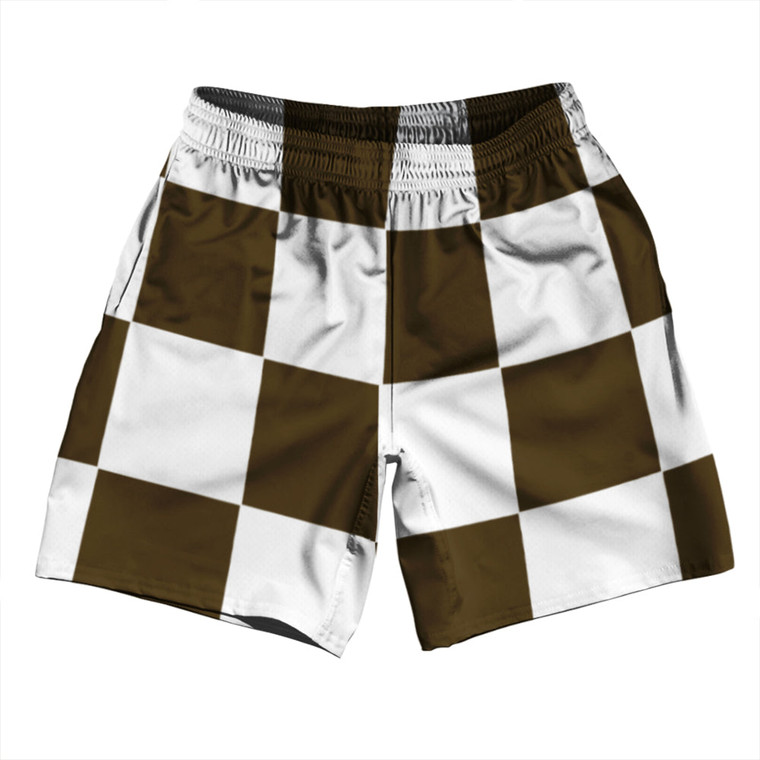 Checkerboard 5 Inches Brown Dark and White Soccer Shorts Made In USA