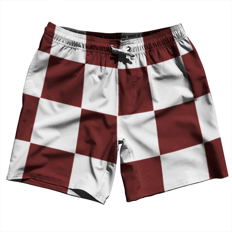 Checkerboard 5 Inches Red Maroon and White Swim Shorts 7" Made in USA