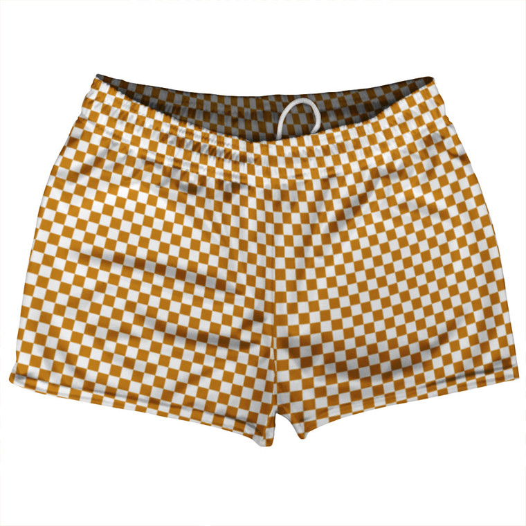 Checkerboard Half Inch Orange Burnt and White Shorty Short Gym Shorts 2.5" Inseam Made In USA