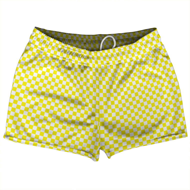 Checkerboard Half Inch Yellow Bright and White Shorty Short Gym Shorts 2.5" Inseam Made In USA