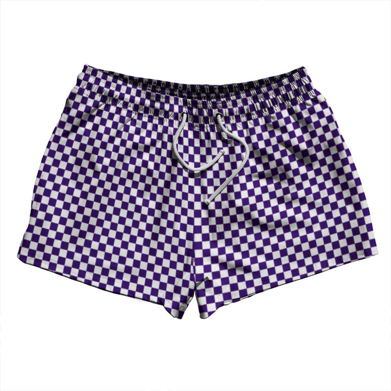 Checkerboard Half Inch Purple Lakers and White 2.5" Swim Shorts Made in USA