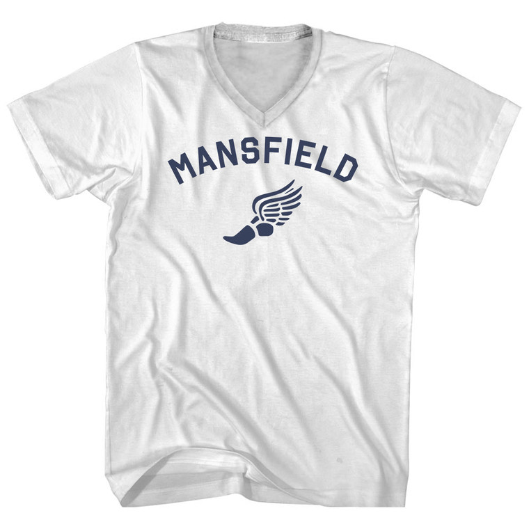 Mansfield Running Track Winged Foot Adult Cotton V-neck T-shirt - White