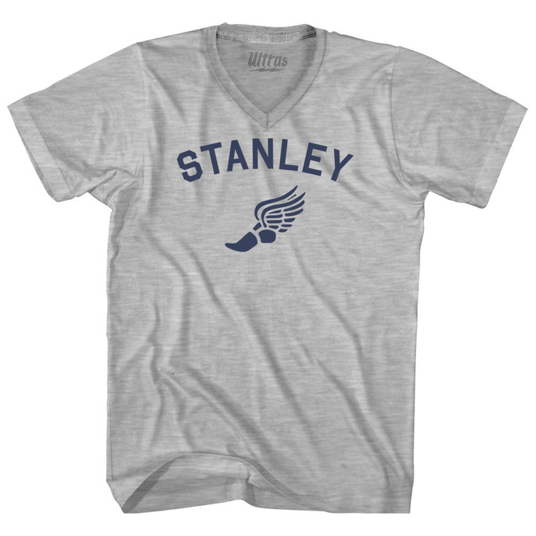 Stanley Running Track Winged Foot Adult Cotton V-neck T-shirt - Grey Heather