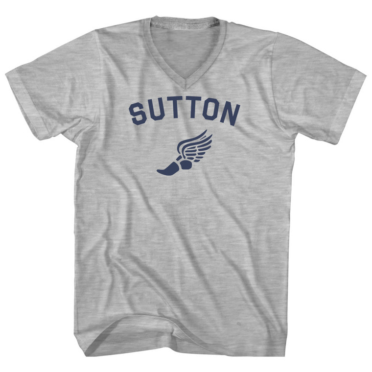 Sutton Running Track Winged Foot Adult Cotton V-neck T-shirt - Grey Heather