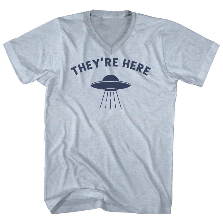 They're Here Ufo Alien Spaceship Adult Tri-Blend V-neck T-shirt - Athletic White