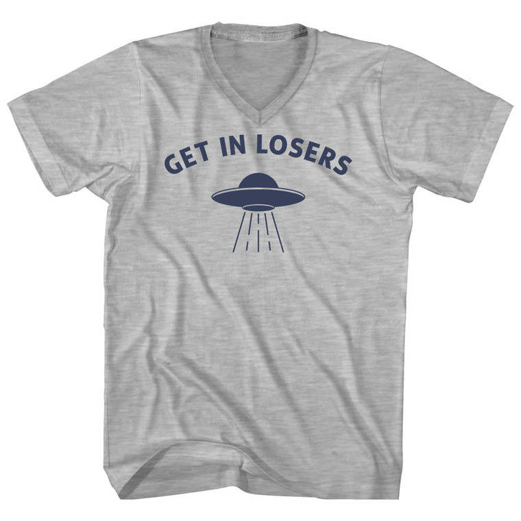 Get In Losers Ufo Alien Spaceship Adult Cotton V-neck T-shirt - Grey Heather