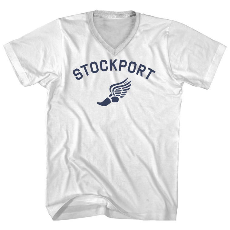 Stockport Running Track Winged Foot Adult Cotton V-neck T-shirt - White
