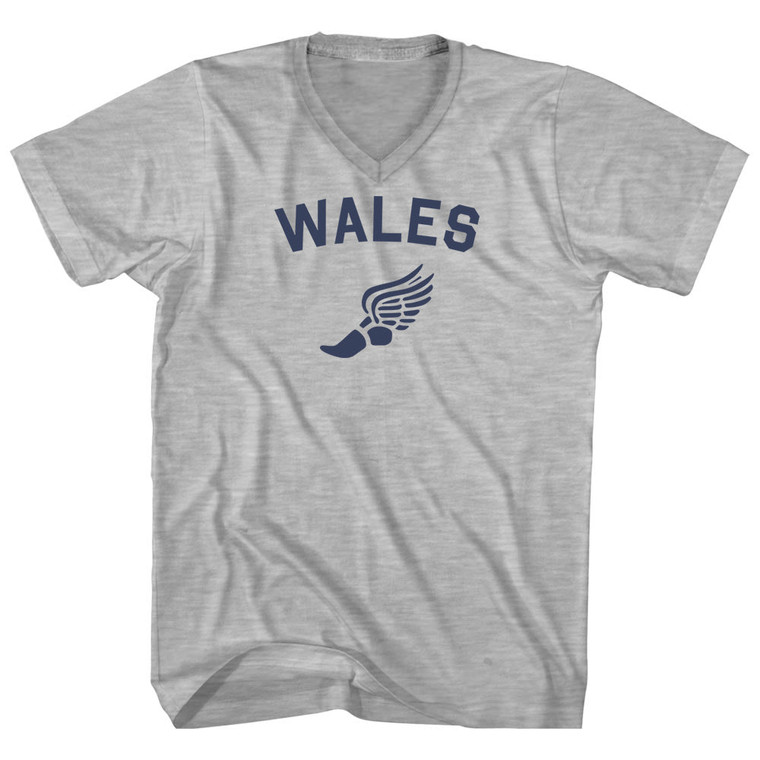 Wales Running Track Winged Foot Adult Cotton V-neck T-shirt - Grey Heather