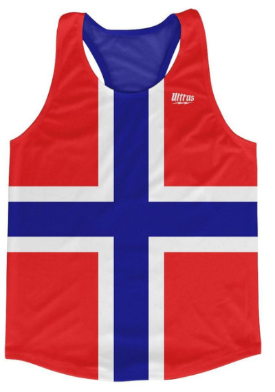 ADULT MEDIUM- Norway Country Flag Running Tank Top Racerback Track and Cross Country Singlet Jersey Made In USA - Blue Red- Final Sale SM4