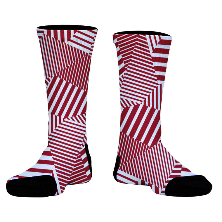 Multiple Lines Pattern Athletic Crew Socks - Red Dark and White