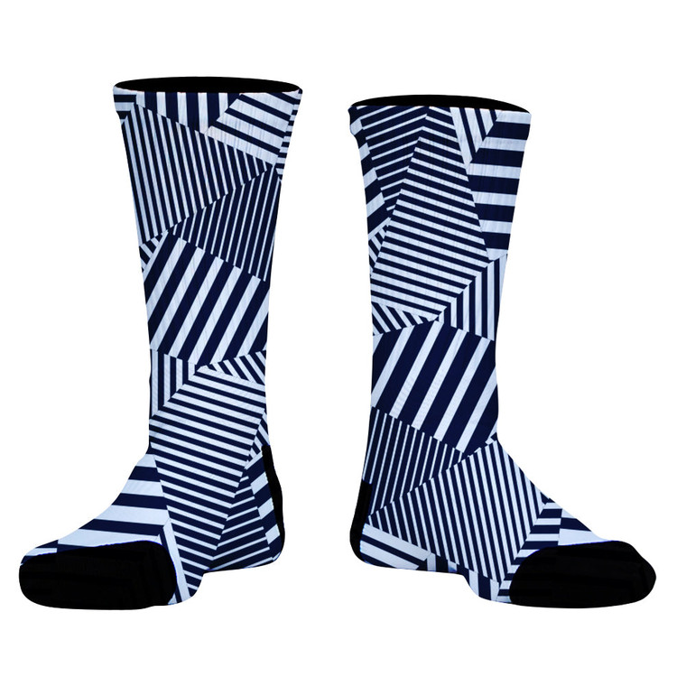 Multiple Lines Pattern Athletic Crew Socks - Blue Navy and White